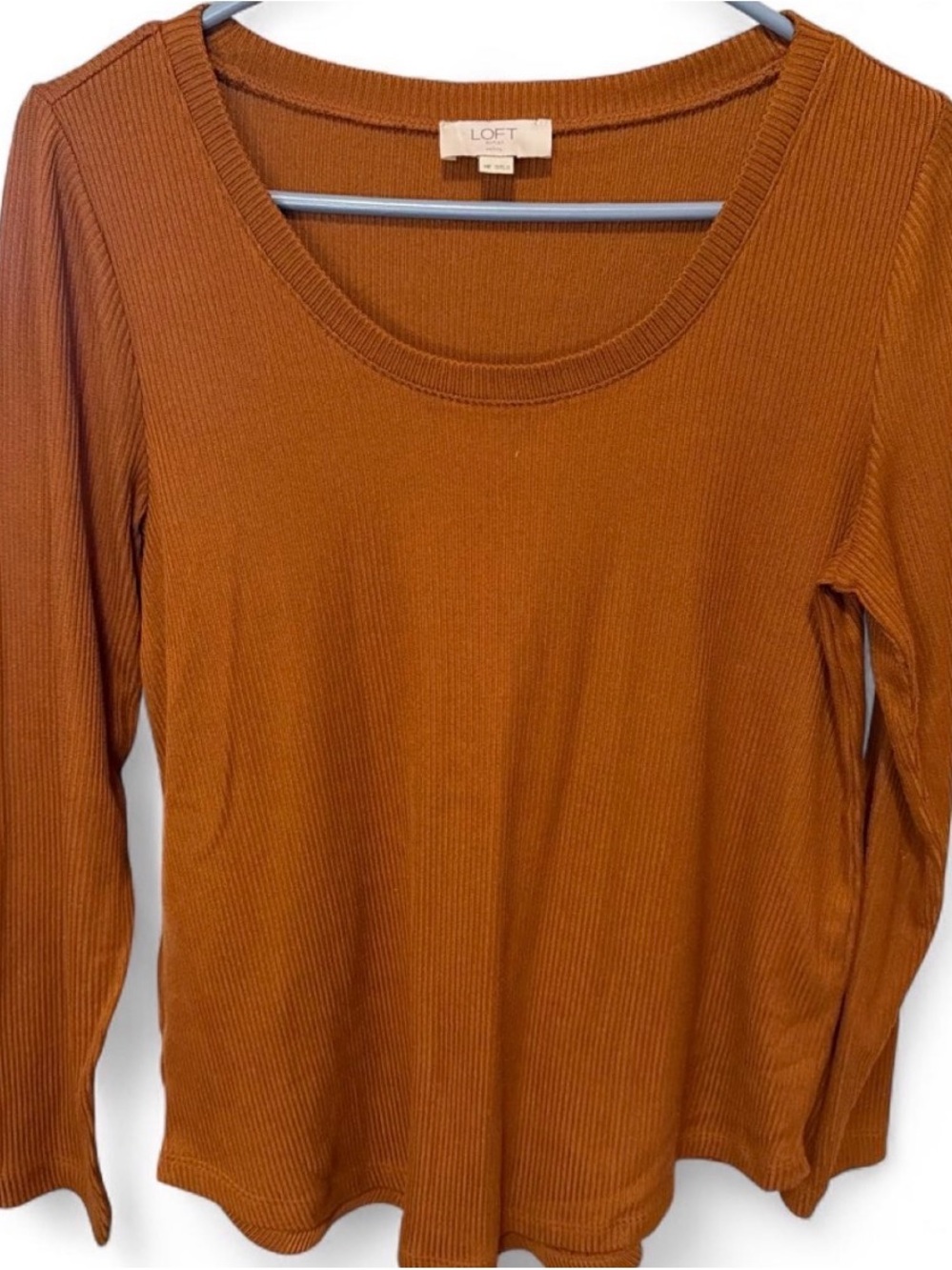 LOFT Rust Ribbed Scoop Neck Long Sleeve Top
